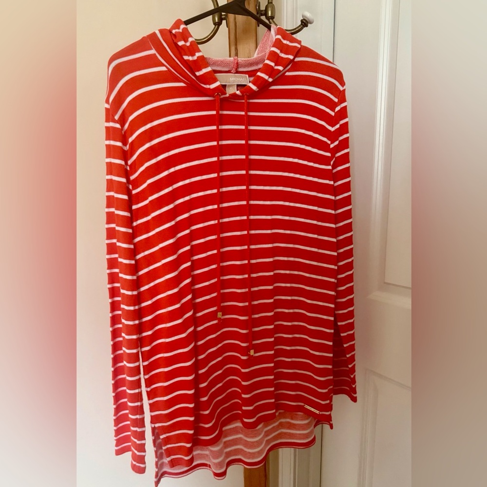 Michael Kors Red and White Striped Hooded Top